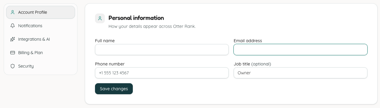 Otter Rank Settings > Account Profile page showing the optional Phone number field in the Personal information form.