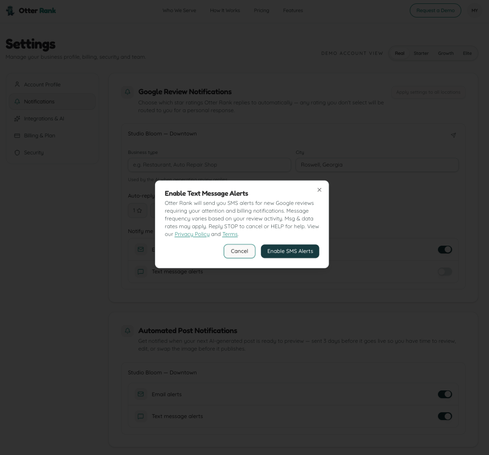Otter Rank Settings > Notifications page showing the Enable Text Message Alerts consent dialog with message frequency, rate, and STOP/HELP opt-out disclosures.
